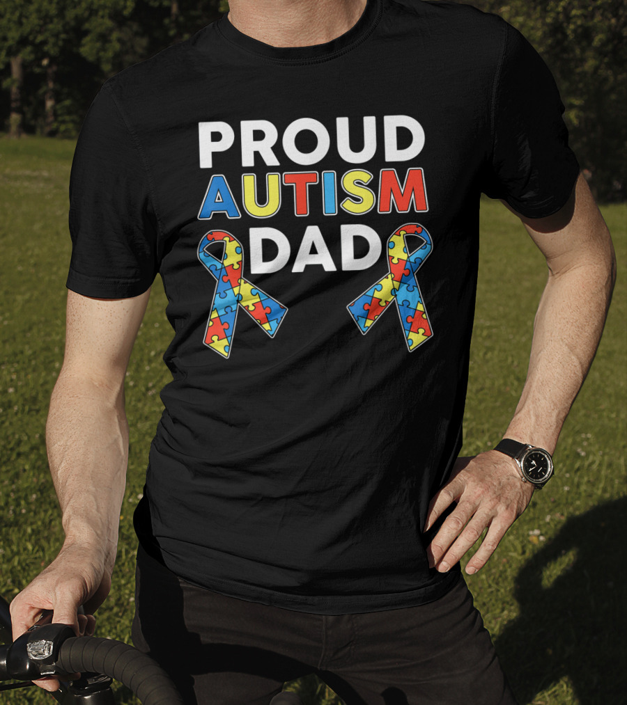 Proud Autism Dad Awareness Ribbon Puzzle T-Shirt