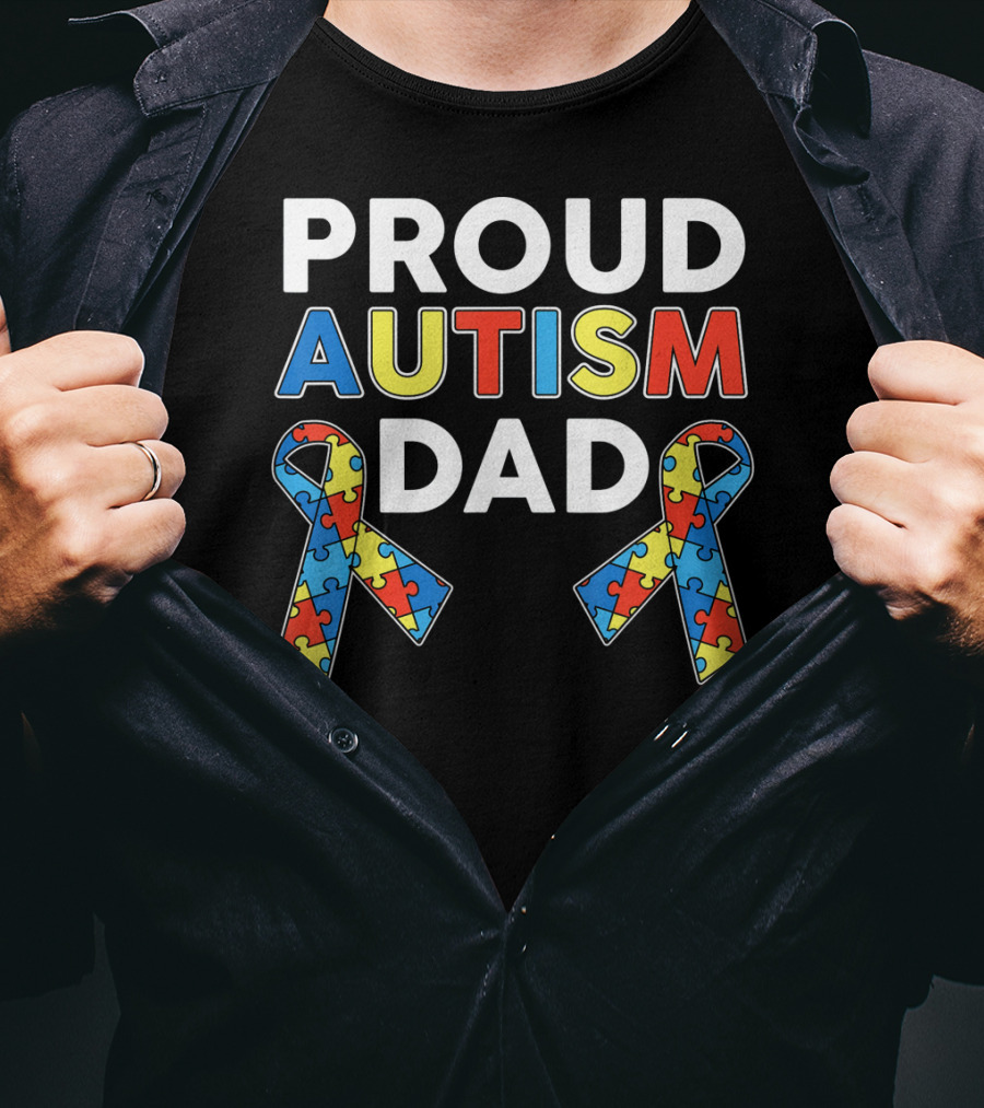 Proud Autism Dad Awareness Ribbon Puzzle T-Shirt