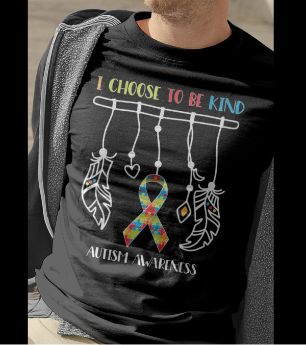 I Choose To Be Kind Autism Awareness Puzzle Ribbon With Dreamcatcher Feathers T-Shirt