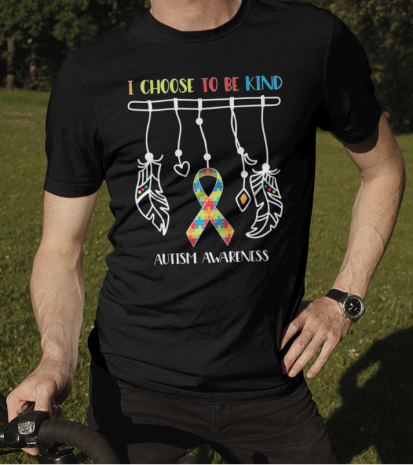 I Choose To Be Kind Autism Awareness Puzzle Ribbon With Dreamcatcher Feathers T-Shirt