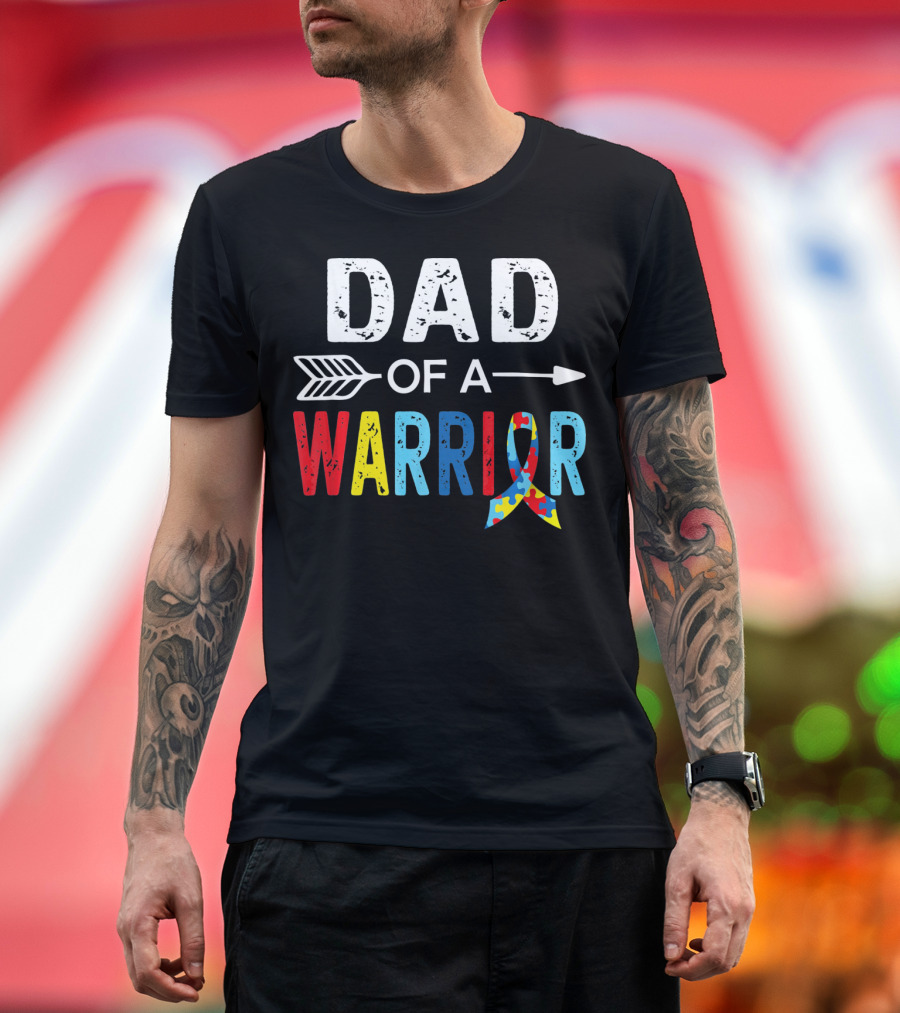 Dad of a Warrior Autism Awareness Puzzle Ribbon Arrow T-Shirt