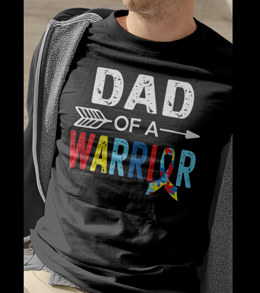 Dad Of A Warrior Autism Awareness Puzzle Ribbon Arrow T-Shirt