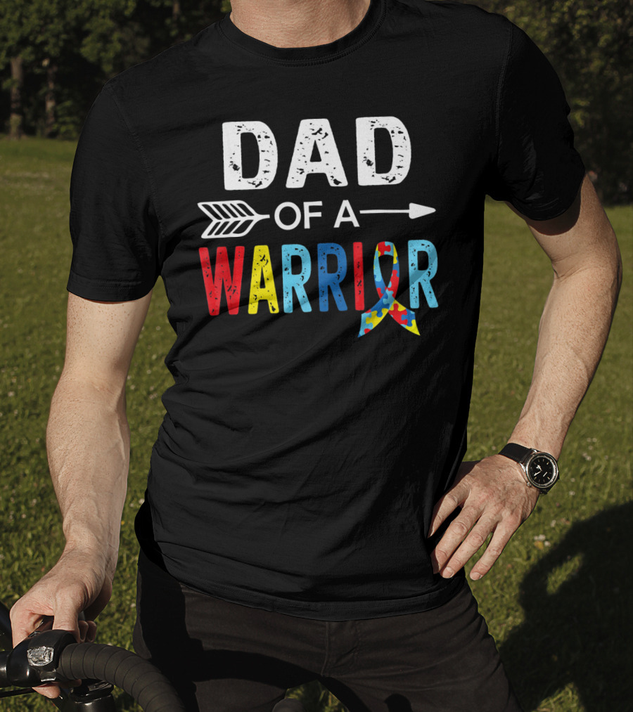 Dad Of A Warrior Autism Awareness Puzzle Ribbon Arrow T-Shirt