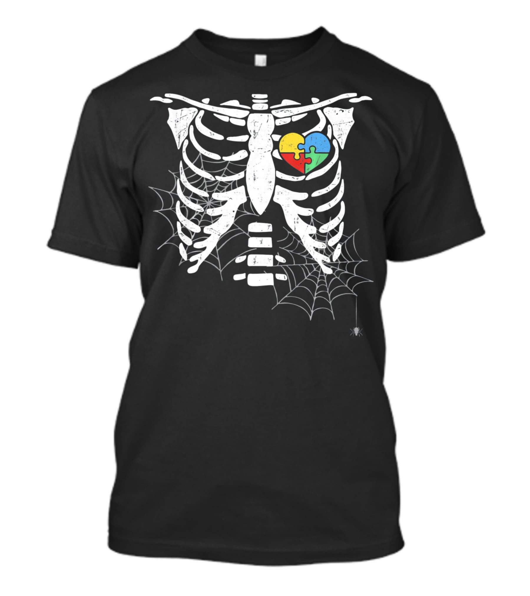 Autism Awareness Halloween Rib Cage With Heart Puzzle And Spider Webs T-Shirt