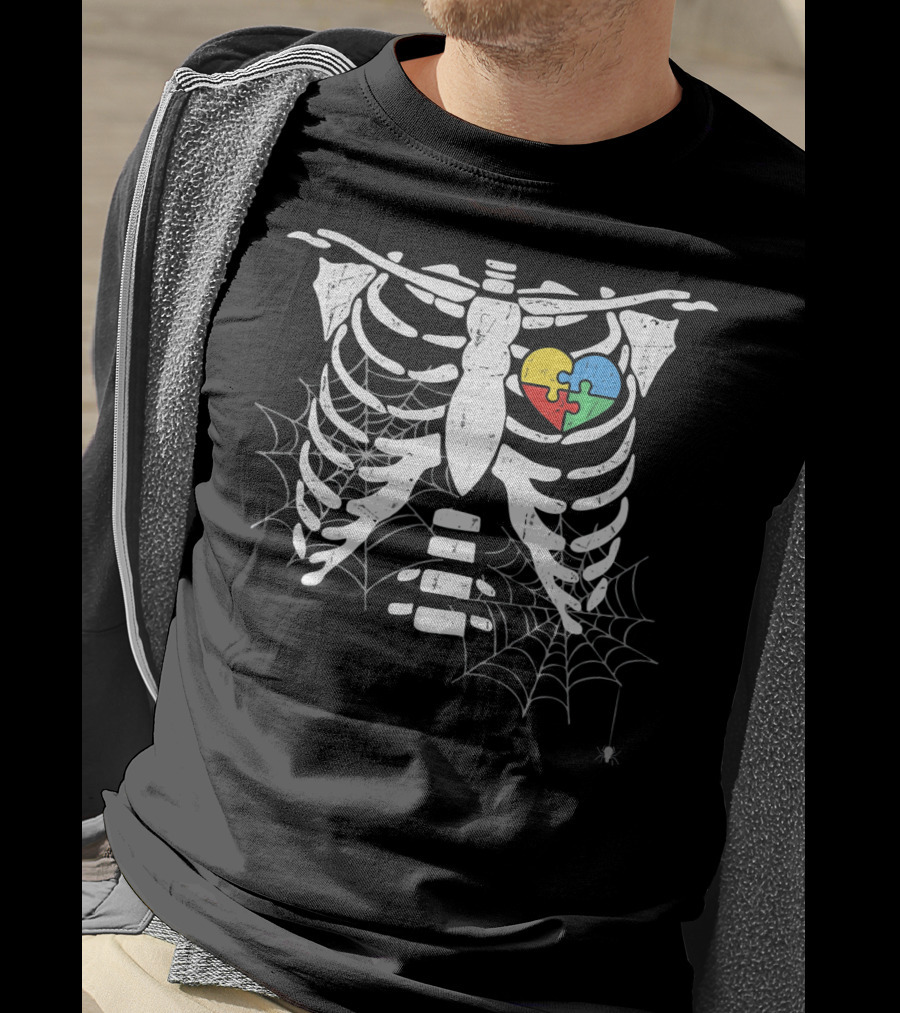 Autism Awareness Halloween Rib Cage With Heart Puzzle And Spider Webs T-Shirt