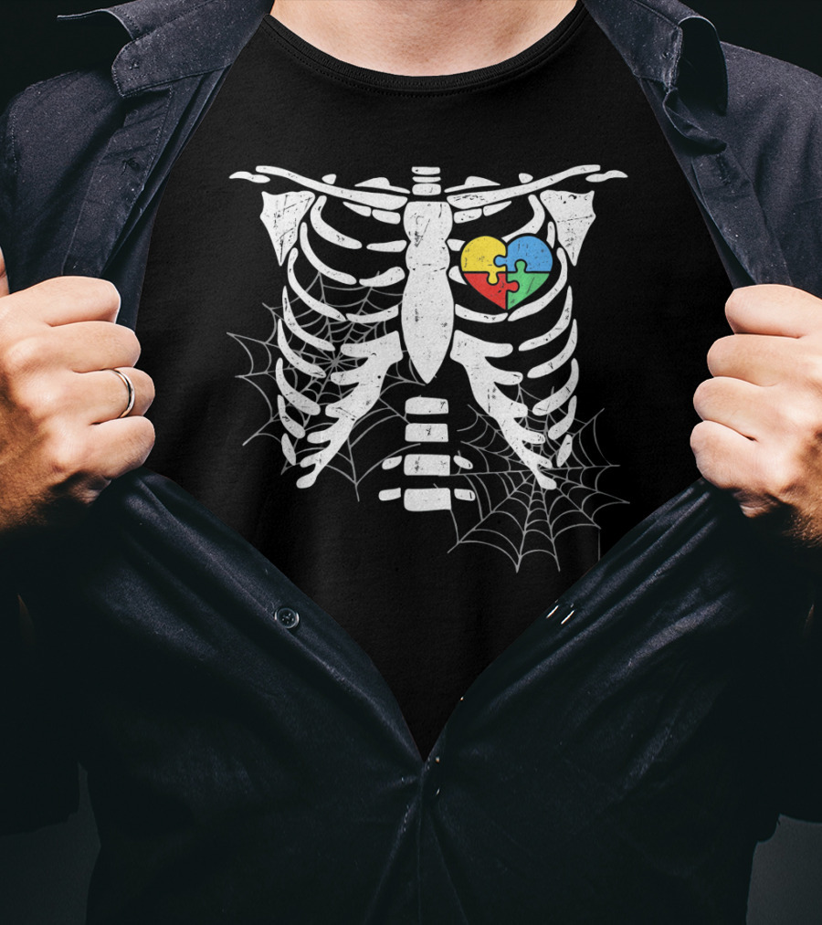 Autism Awareness Halloween Rib Cage With Heart Puzzle And Spider Webs T-Shirt
