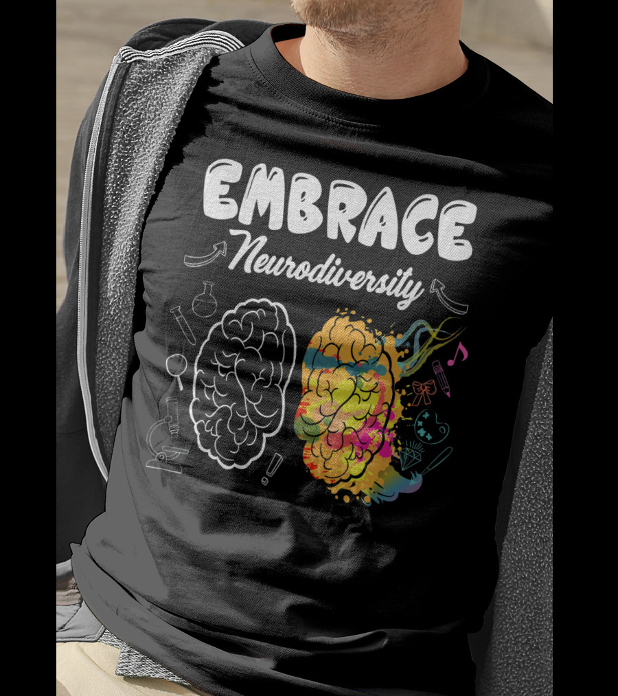 Embrace Neurodiversity Brain Autism Awareness Colorful Science Music Art Icons T-Shirt