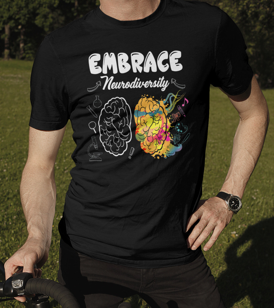 Embrace Neurodiversity Brain Autism Awareness Colorful Science Music Art Icons T-Shirt