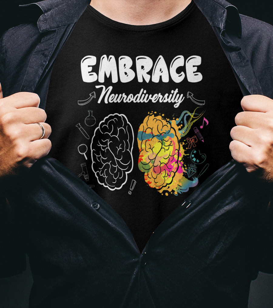Embrace Neurodiversity Brain Autism Awareness Colorful Science Music Art Icons T-Shirt