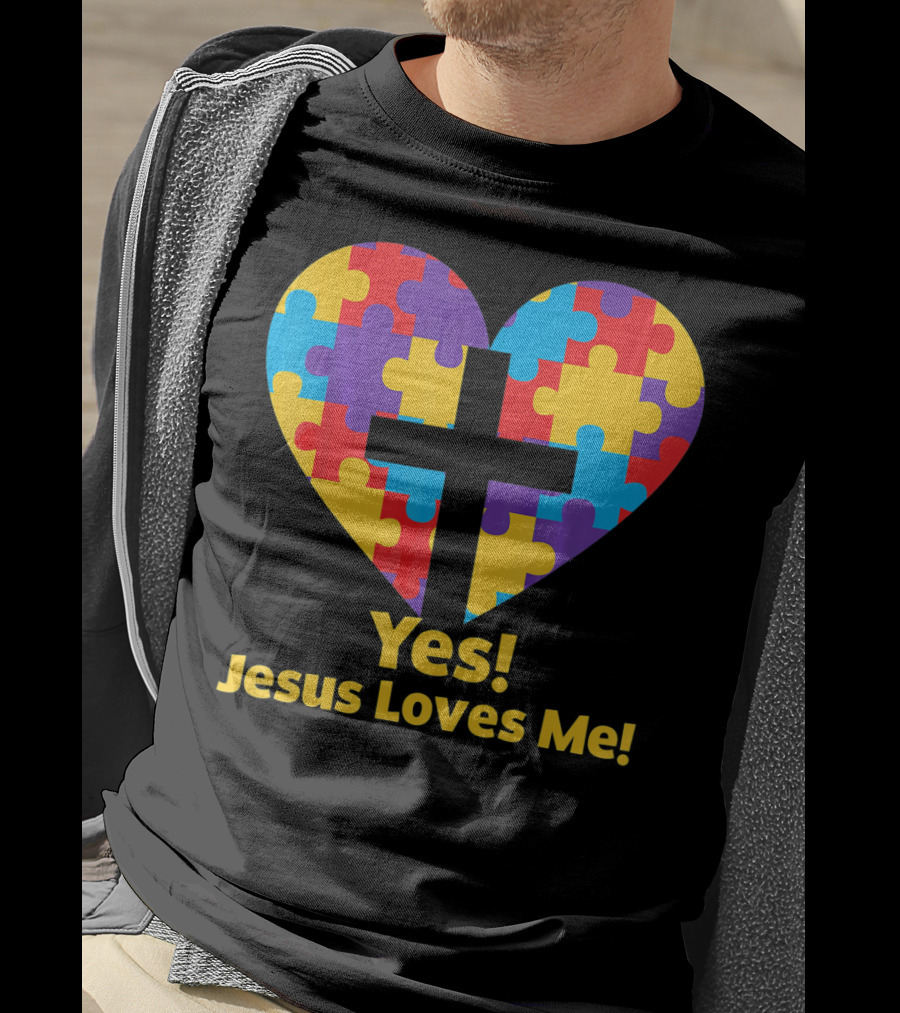 Yes Jesus Loves Me Autism Awareness Catholic Christian Cross Heart Puzzle T-Shirt