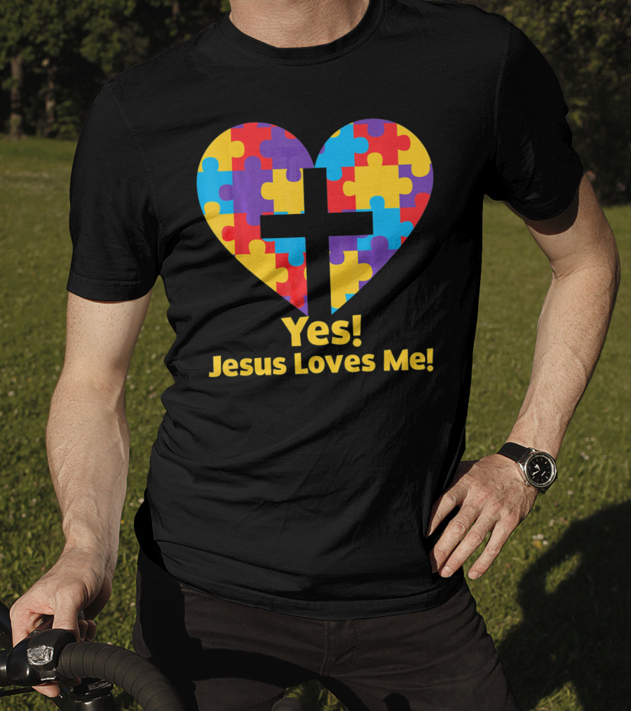 Yes Jesus Loves Me Autism Awareness Catholic Christian Cross Heart Puzzle T-Shirt