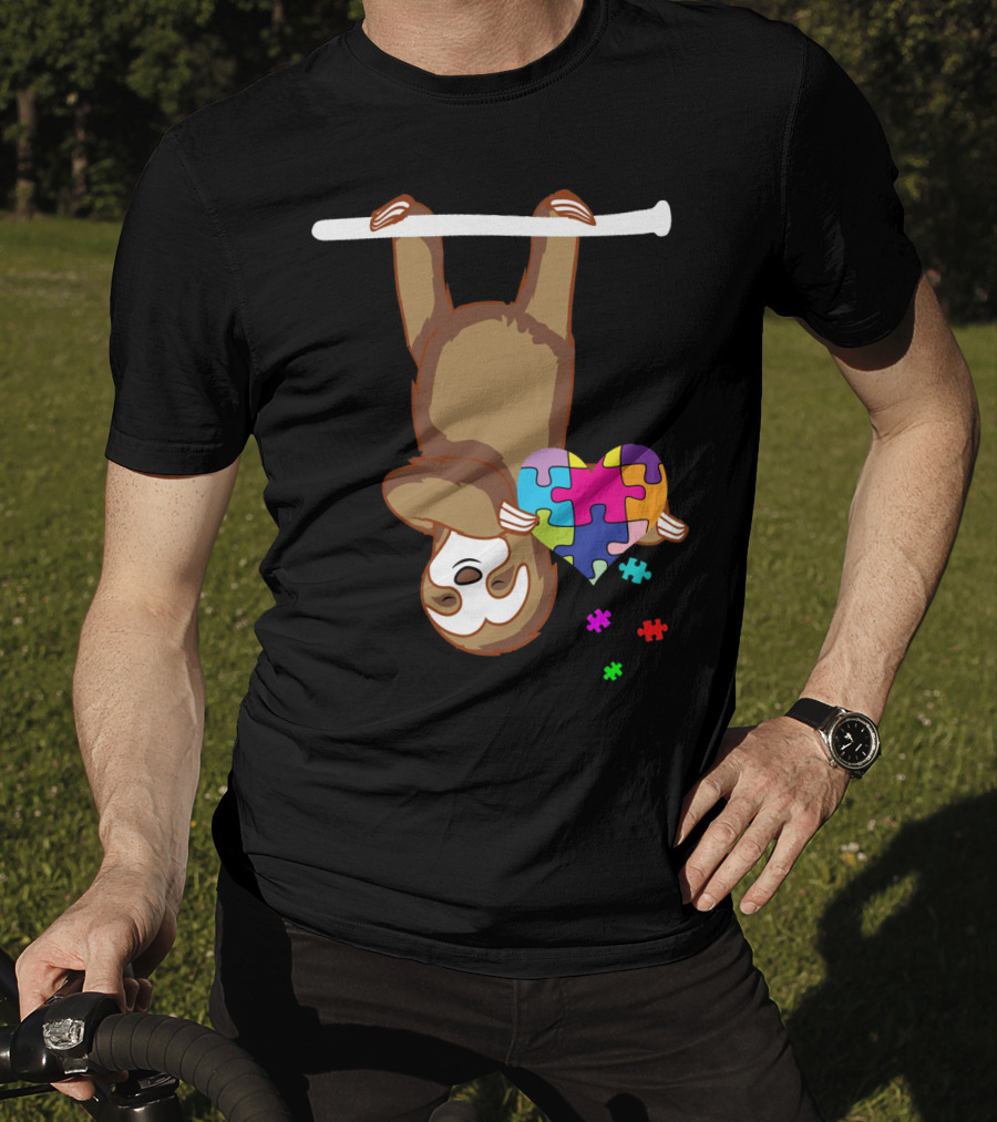 Sloth Holding Puzzle Heart Autism Awareness T-Shirt