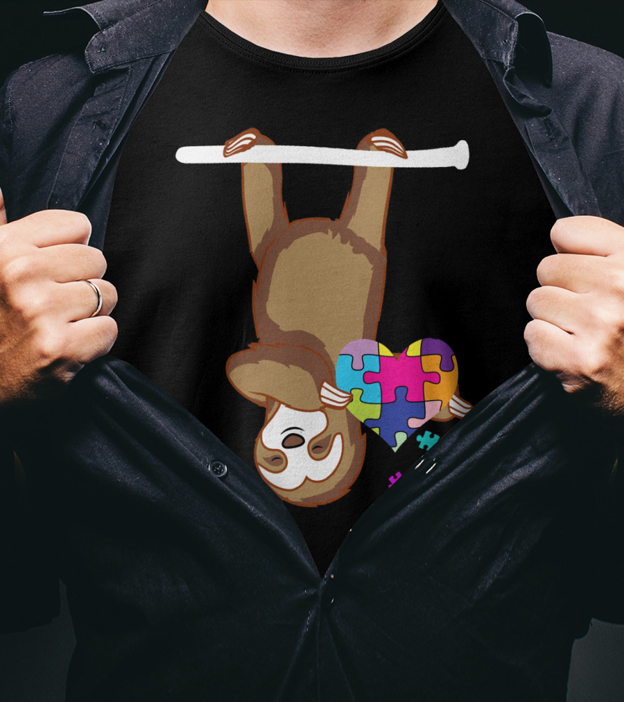 Sloth Holding Puzzle Heart Autism Awareness T-Shirt