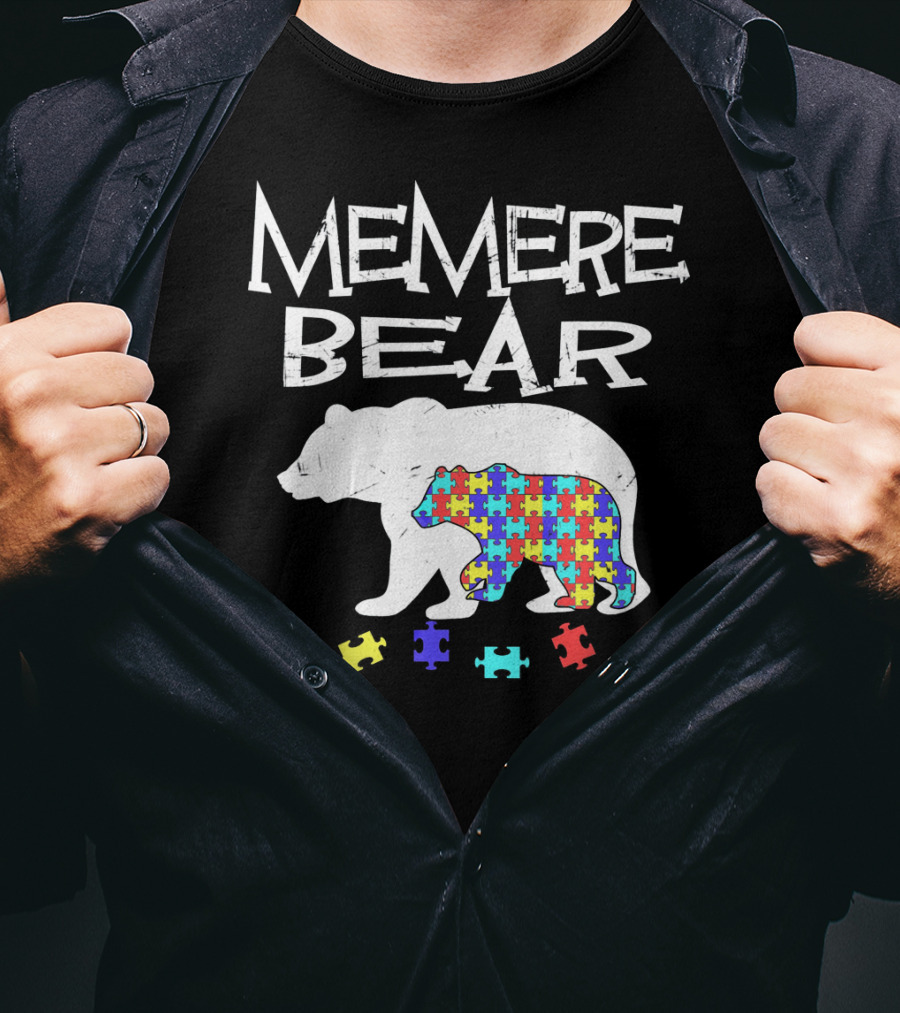 Memere Bear Autism Awareness Puzzle Pieces T-Shirt