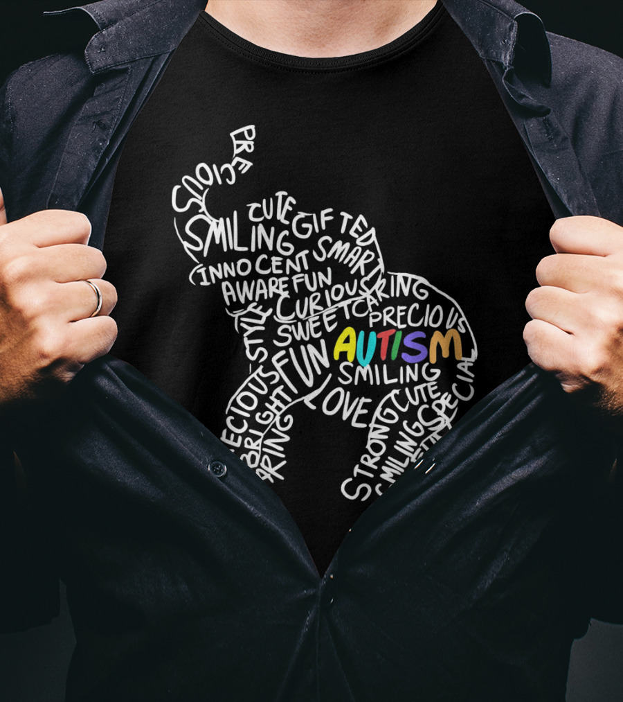 Autism Elephant Awareness Smiling Strong Gift Bright Curious Precious Fun T-Shirt