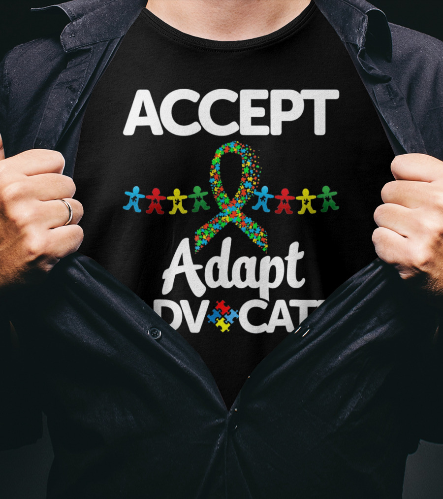 Accept Adapt Advocate Autism Awareness Puzzle Ribbon And Figures T-Shirt