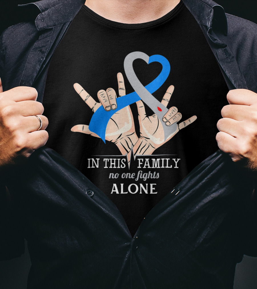 In This Family No One Fights Diabetes Alone Blue Gray Ribbon Hands T-Shirt