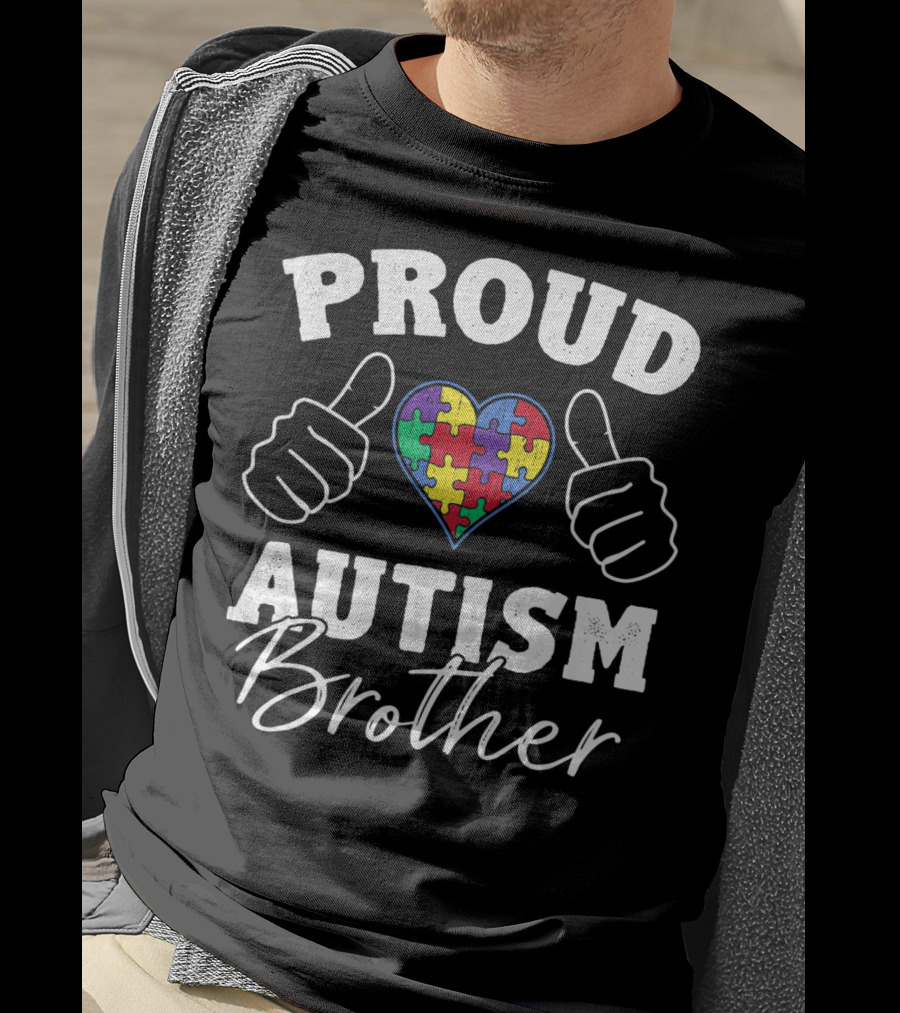 Proud Brother Autism Awareness Heart Puzzle Piece Thumbs Up T-Shirt