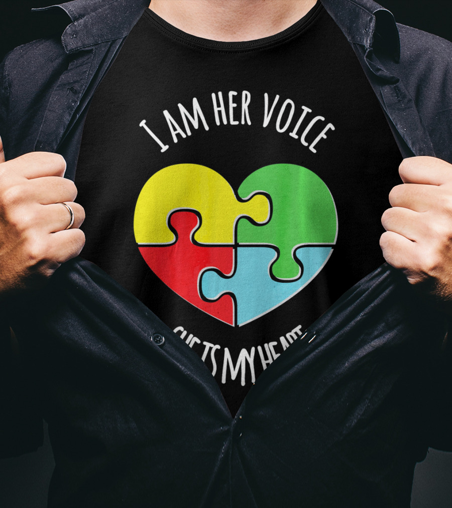 I Am Her Voice Autism Awareness She Is My Heart Puzzle Piece T-Shirt