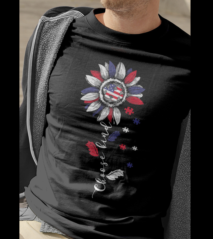 Patriotic Sunflower With Puzzle Pieces And Choose Kind Autism Awareness T-Shirt