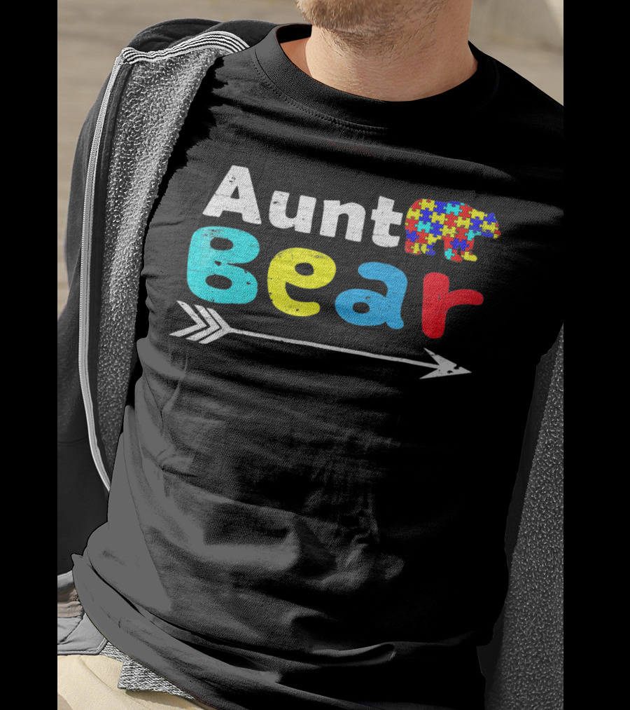 Aunt Bear Autism Awareness Puzzle Bear Arrow T-Shirt