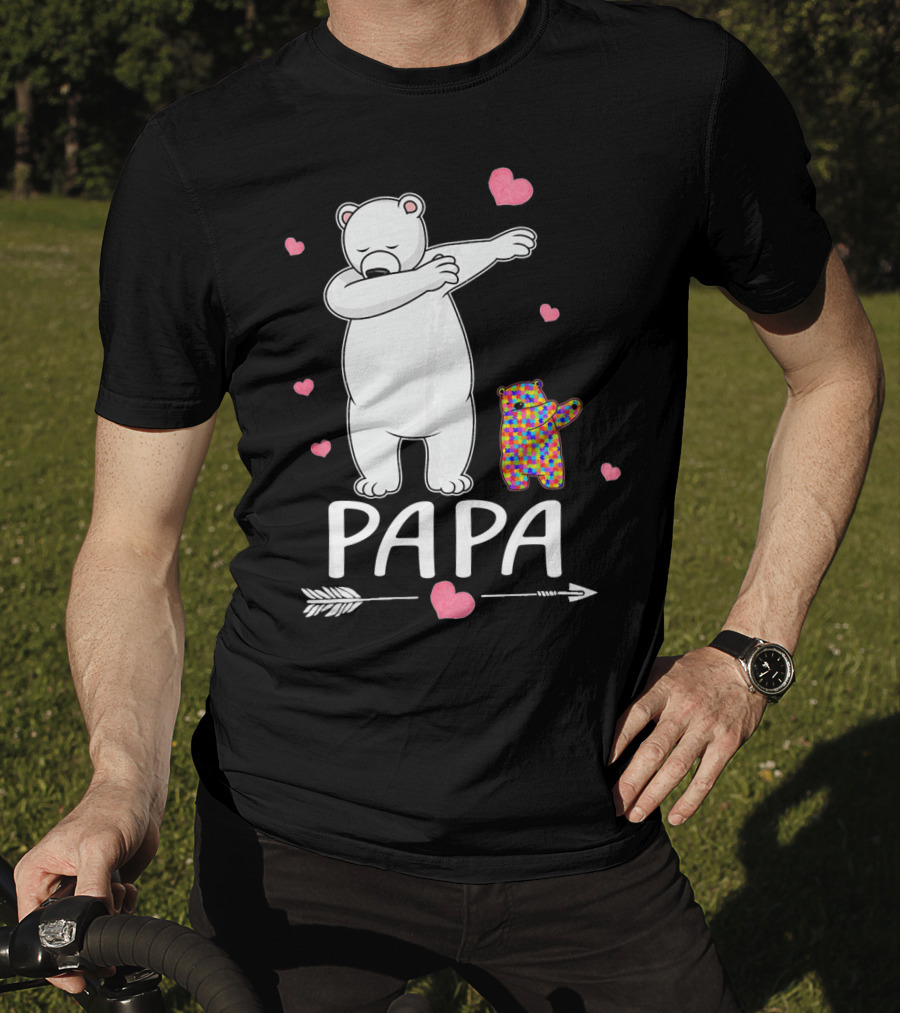 Papa Bear Dabbing With Autism Awareness Puzzle Bear And Hearts T-Shirt