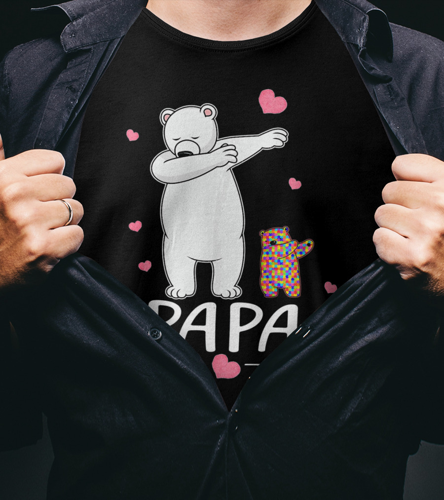 Papa Bear Dabbing With Autism Awareness Puzzle Bear And Hearts T-Shirt