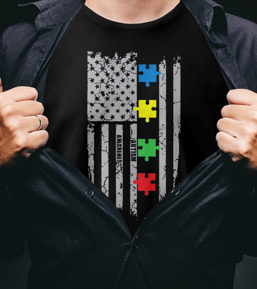 Autism Awareness Puzzle Flag With Colored Pieces T-Shirt