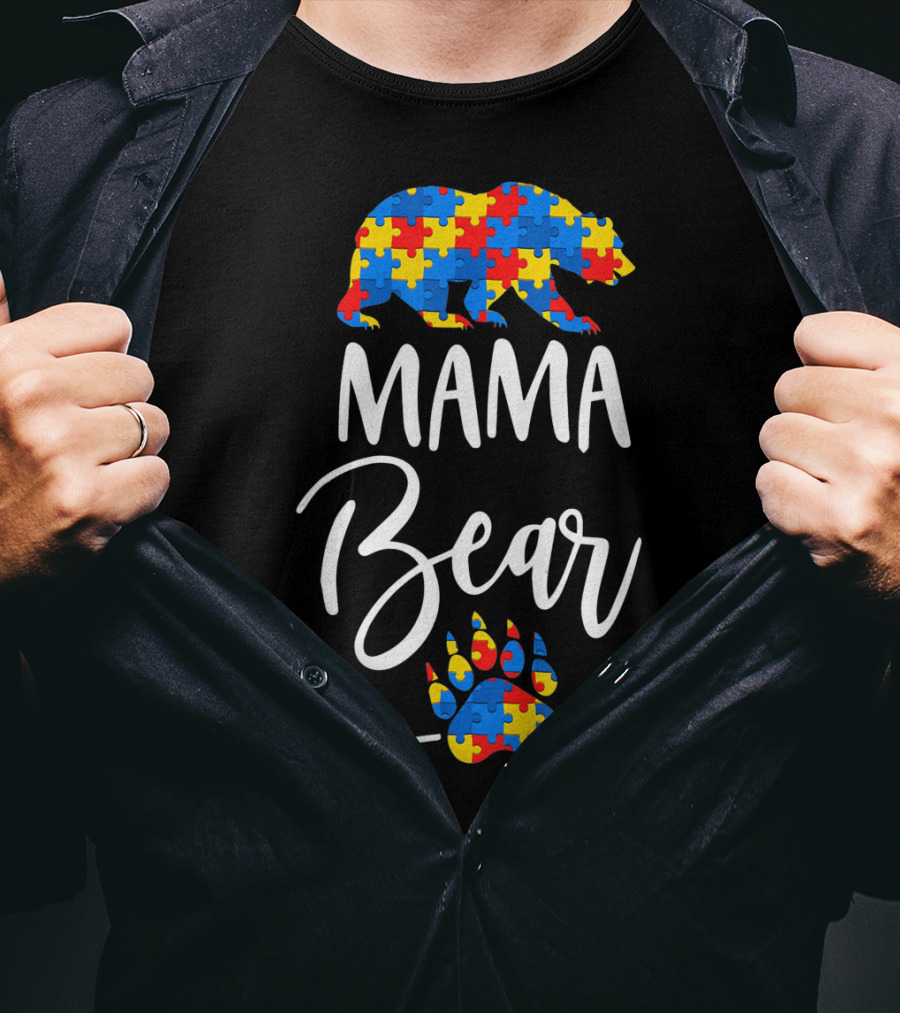 Mama Bear Autism Puzzle Pattern Paw Prints T-Shirt