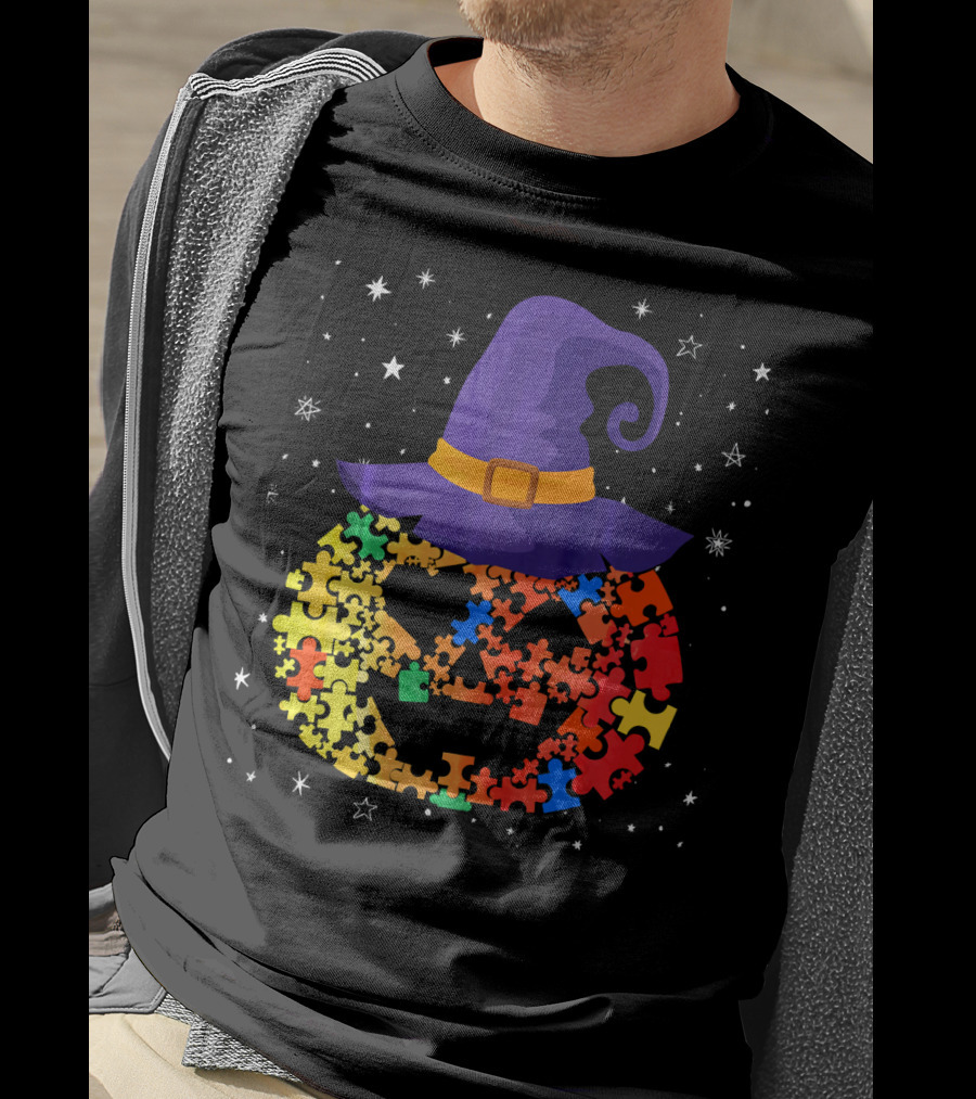Pumpkin Autism Awareness Halloween Witch Hat Puzzle Piece T-Shirt