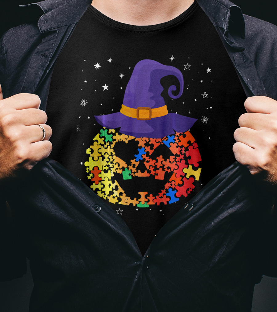 Pumpkin Autism Awareness Halloween Witch Hat Puzzle Piece T-Shirt