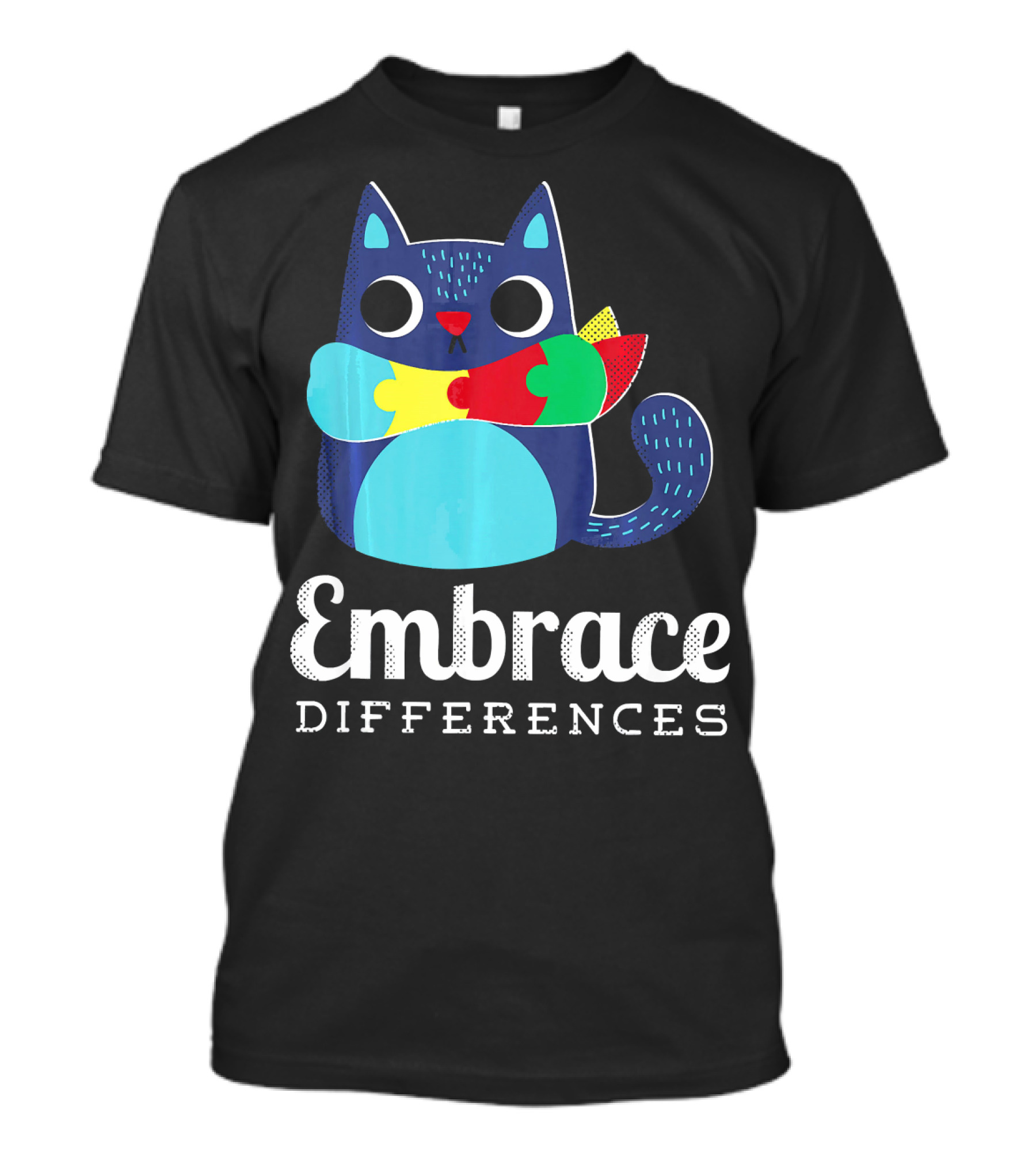 Embrace Differences Autism Support Awareness Puzzle Cat T-Shirt