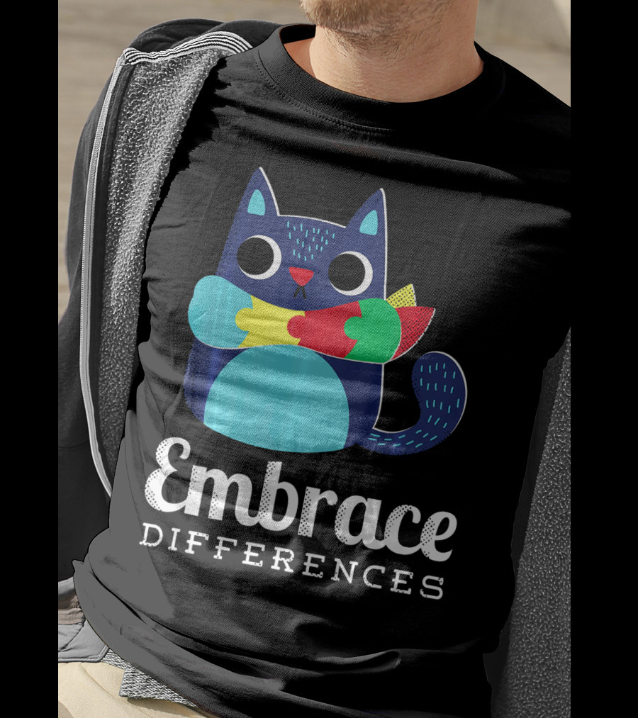 Embrace Differences Autism Support Awareness Puzzle Cat T-Shirt