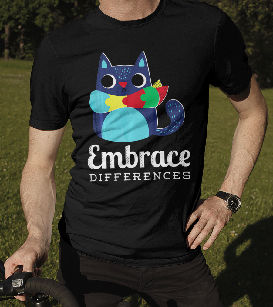 Embrace Differences Autism Support Awareness Puzzle Cat T-Shirt