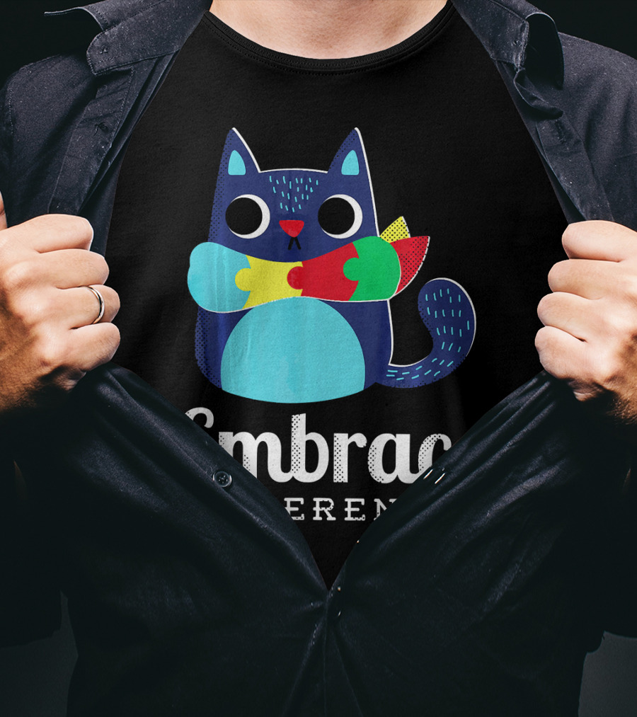 Embrace Differences Autism Support Awareness Puzzle Cat T-Shirt