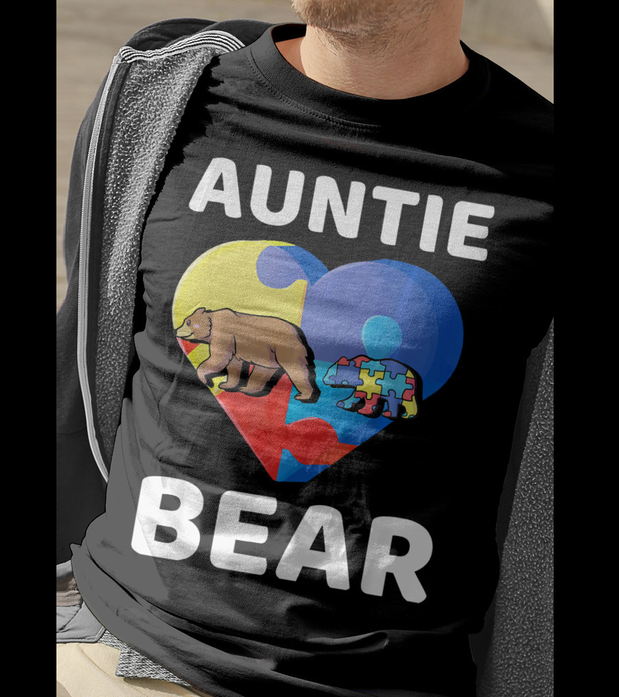 Auntie Bear Heart Puzzle Autism Awareness T-Shirt