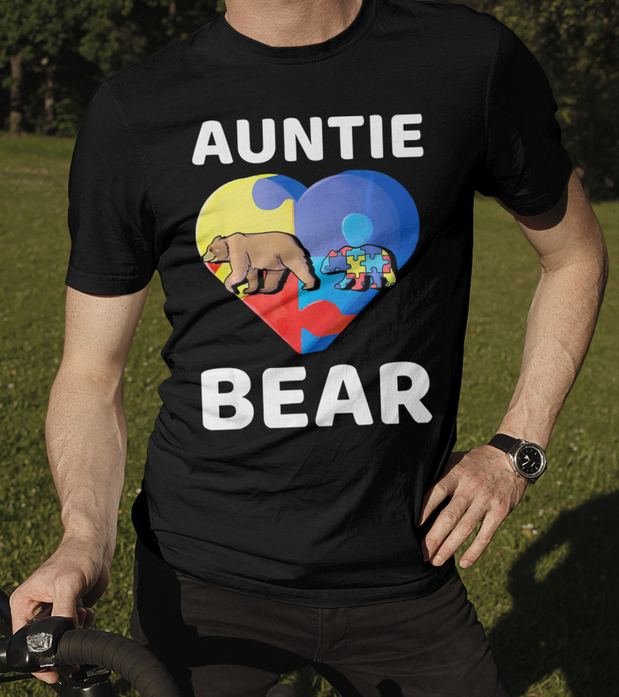 Auntie Bear Heart Puzzle Autism Awareness T-Shirt