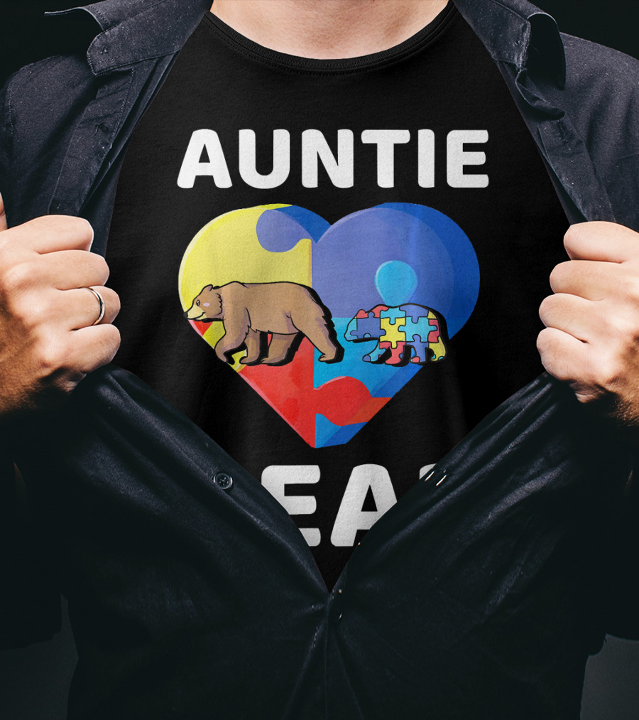 Auntie Bear Heart Puzzle Autism Awareness T-Shirt