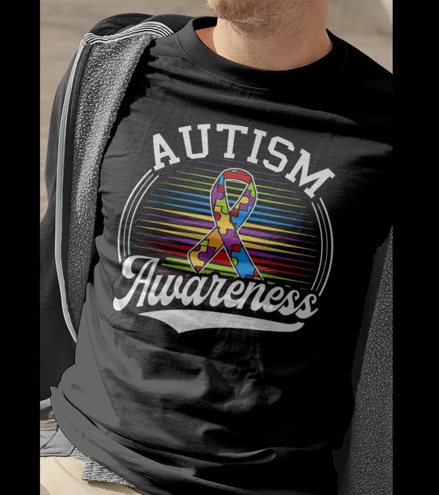 Autism Awareness Puzzle Ribbon With Colorful Lines T-Shirt