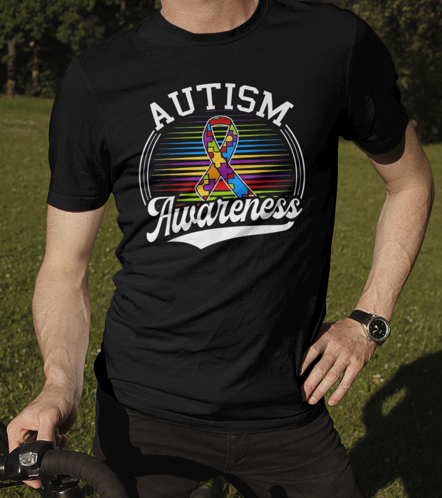 Autism Awareness Puzzle Ribbon With Colorful Lines T-Shirt