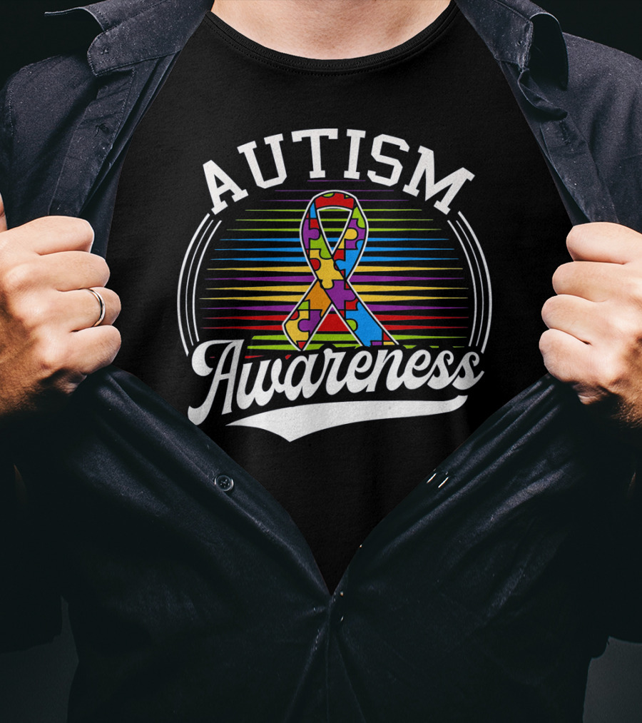 Autism Awareness Puzzle Ribbon With Colorful Lines T-Shirt