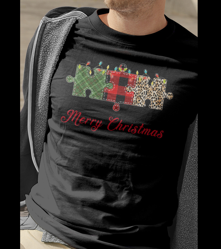 Merry Christmas Buffalo Plaid Leopard Puzzle Lights T-Shirt