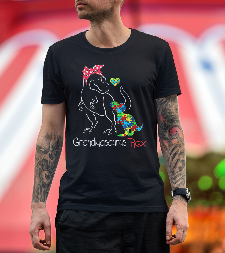 Grandmasaurus Rex Dinosaur with Autism Puzzle Heart T-Shirt