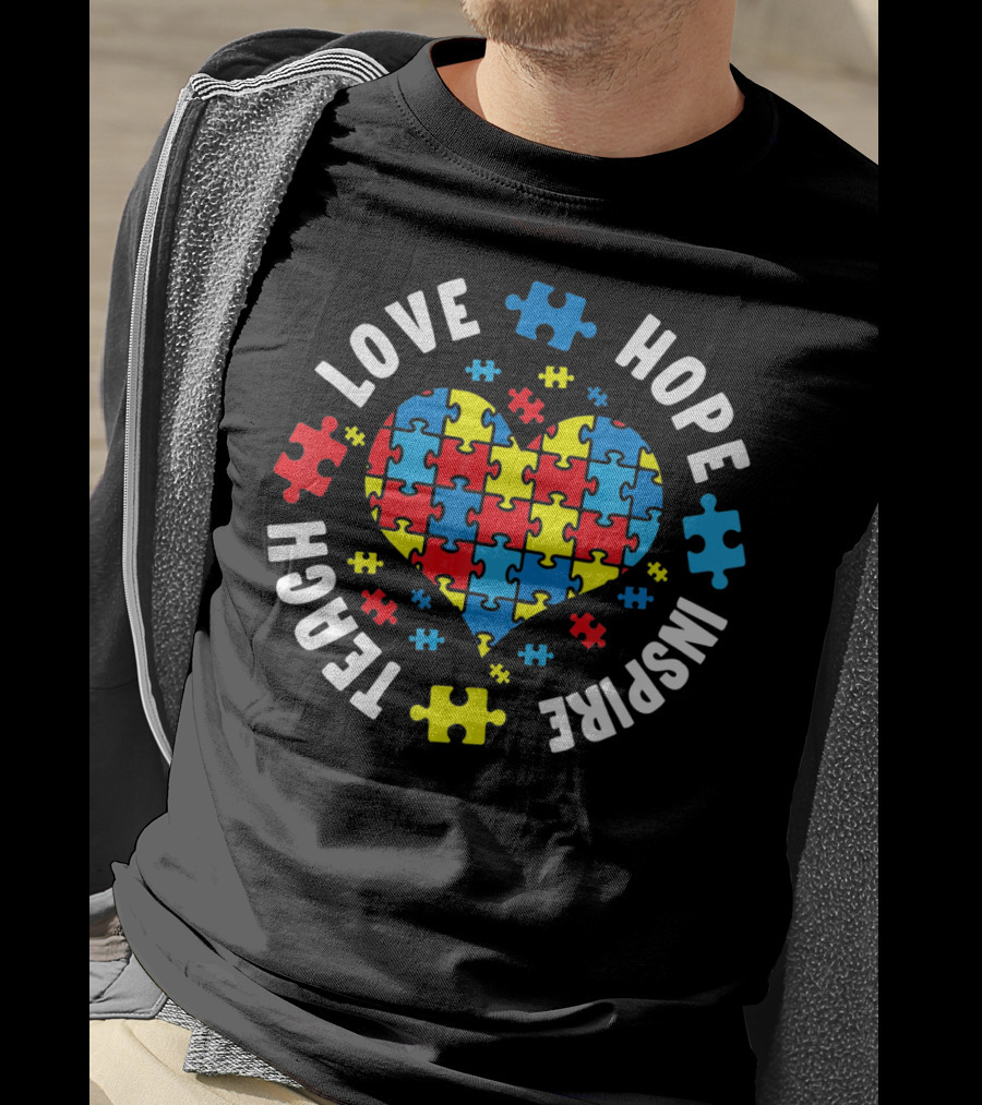 Love Hope Inspire Teach Heart Puzzle Autism Awareness T-Shirt