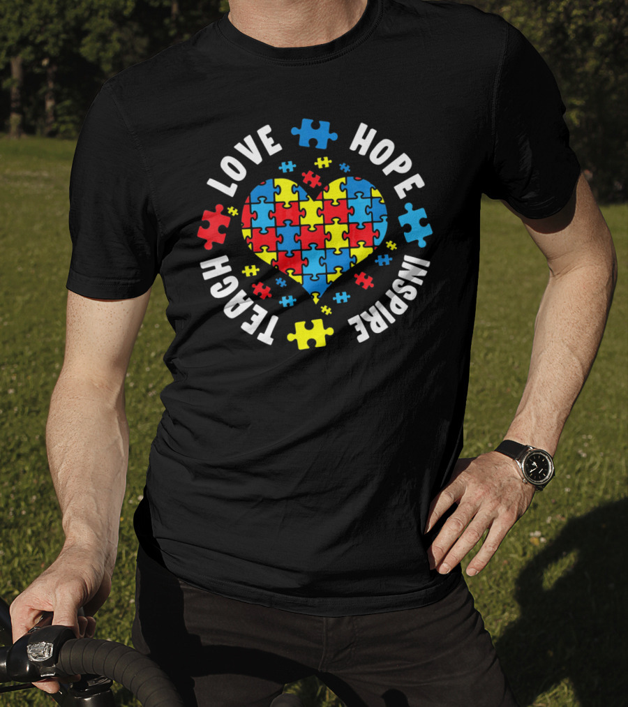 Love Hope Inspire Teach Heart Puzzle Autism Awareness T-Shirt