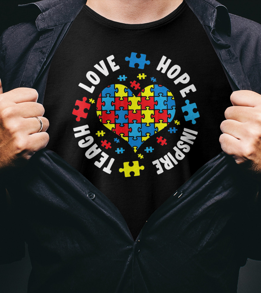 Love Hope Inspire Teach Heart Puzzle Autism Awareness T-Shirt