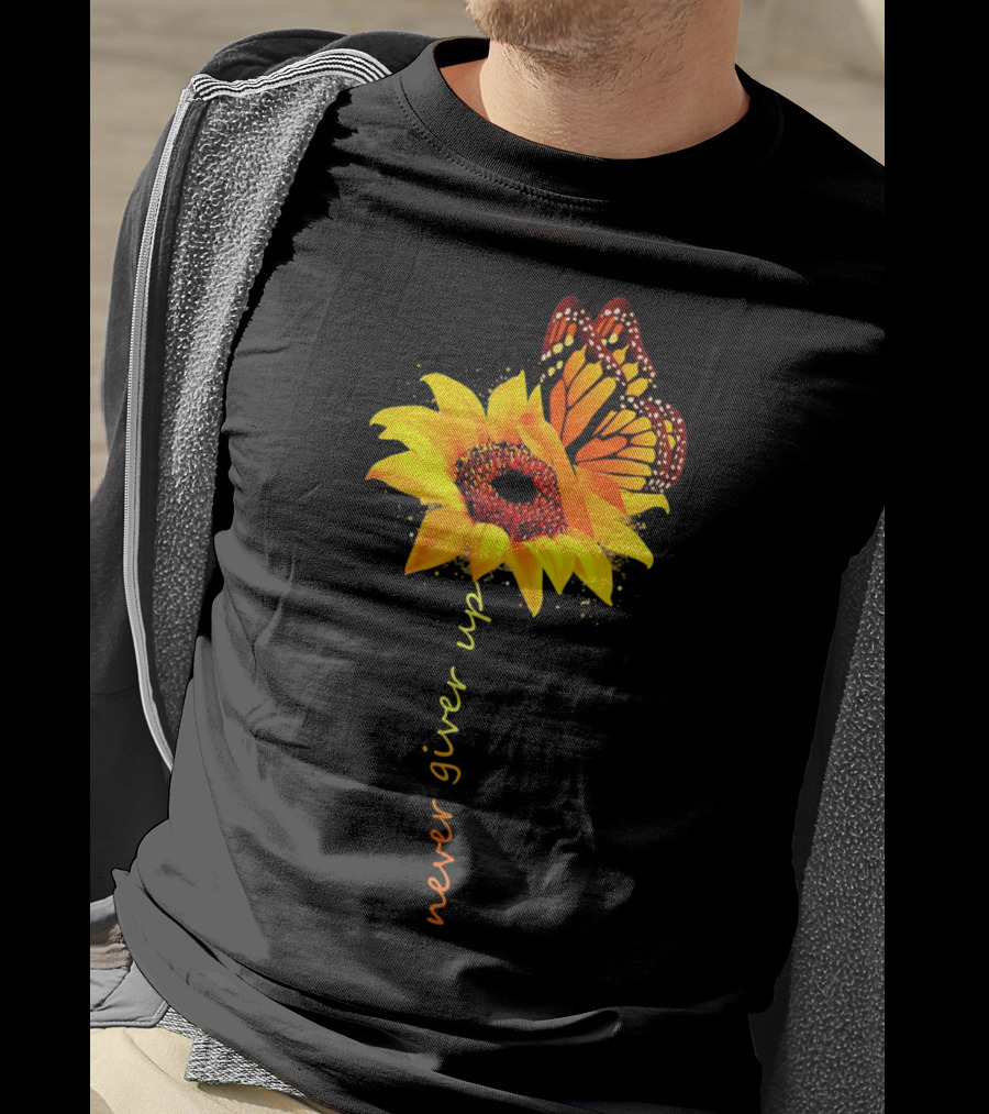 Never Give Up Multiple Sclerosis Awareness Butterfly Sunflower T-Shirt