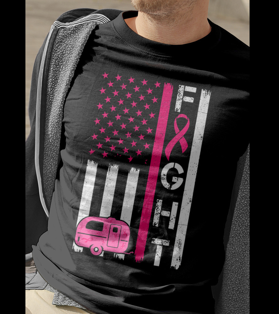 Fight Cancer Ribbon Camping Van American Flag T-Shirt