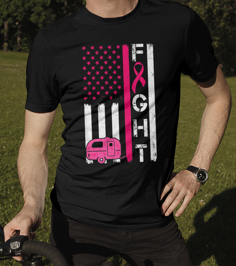 Fight Cancer Ribbon Camping Van American Flag T-Shirt
