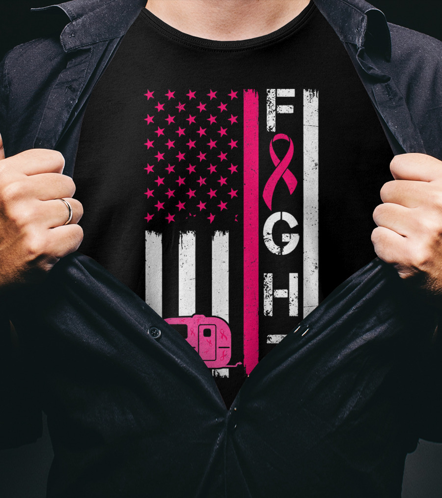 Fight Cancer Ribbon Camping Van American Flag T-Shirt